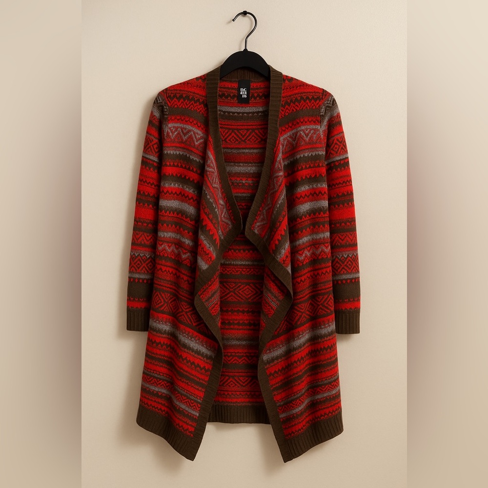 Nema Avenue Red Tribal Aztec Open Front Longline Cardigan Sweater XL